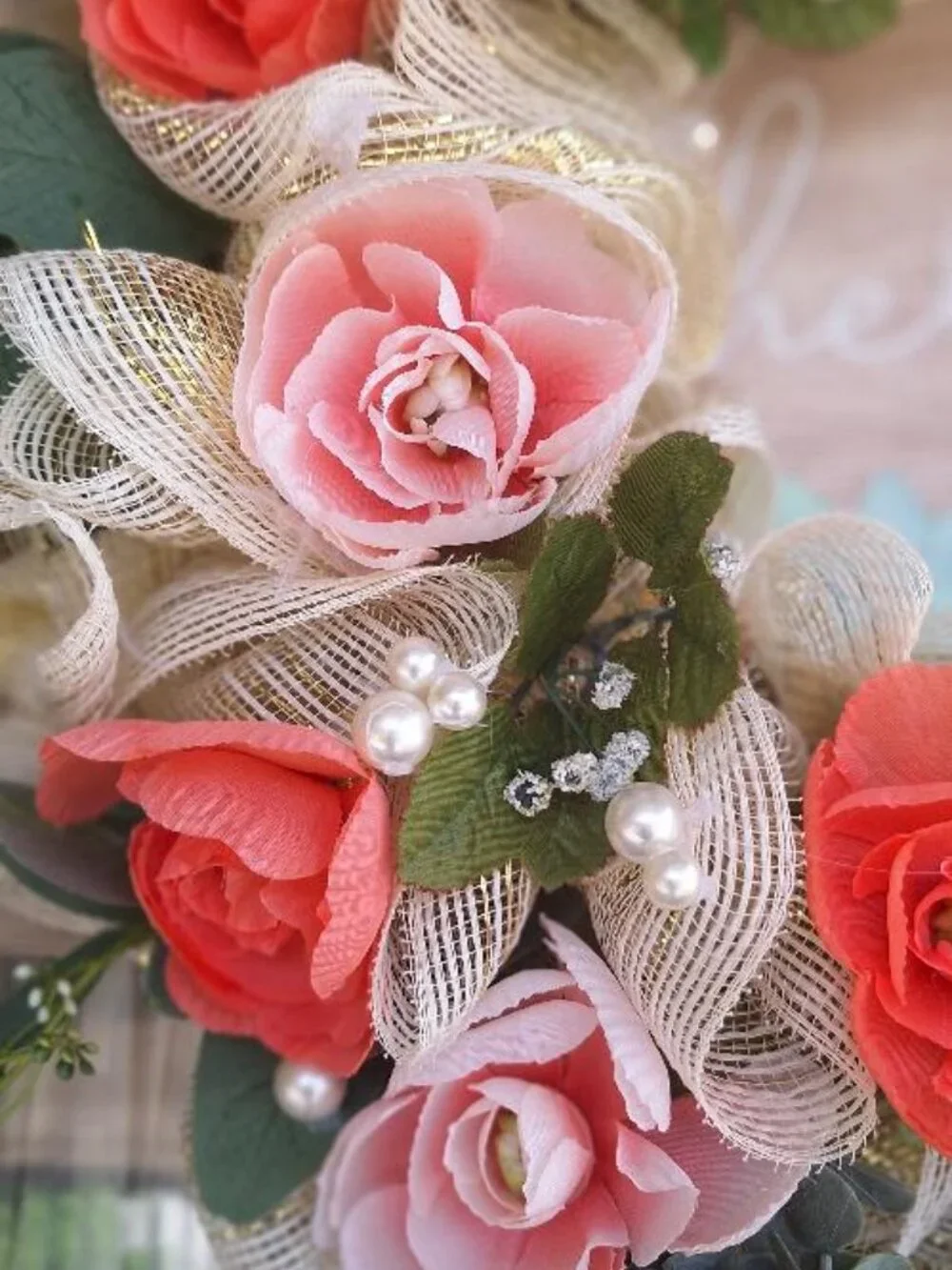 Handmade floral mesh ribbon wreath